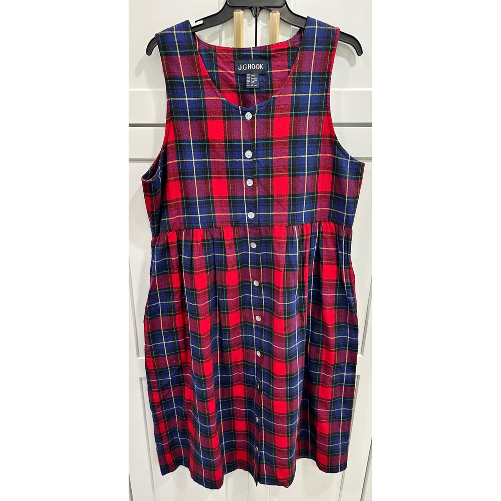 VTG J.G. Hook Plaid Dress Sleeveless Button Front Casual Red Blue Size 16